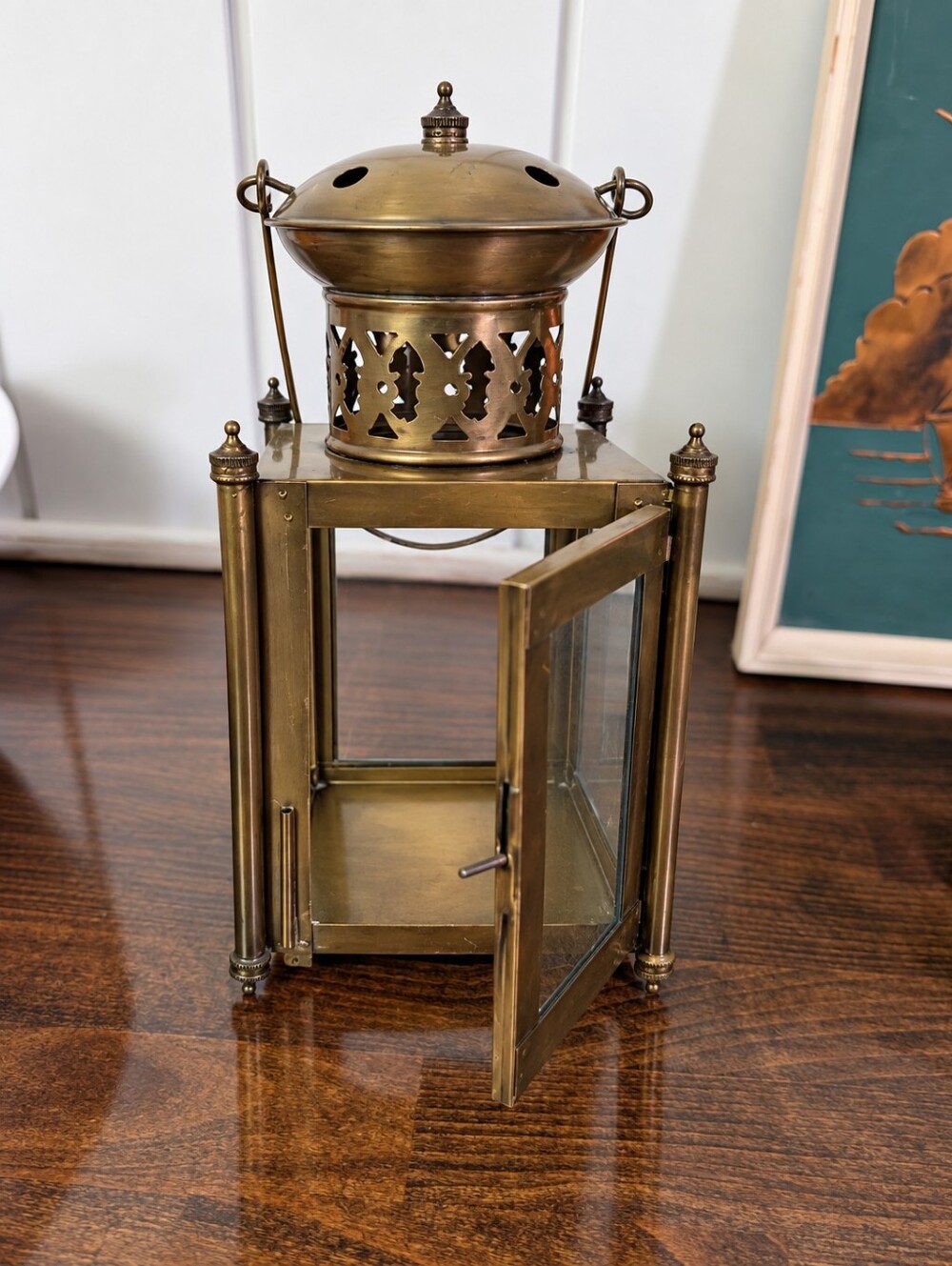 Vintage Brass & Glass Candle Lantern – 9.5" Tall